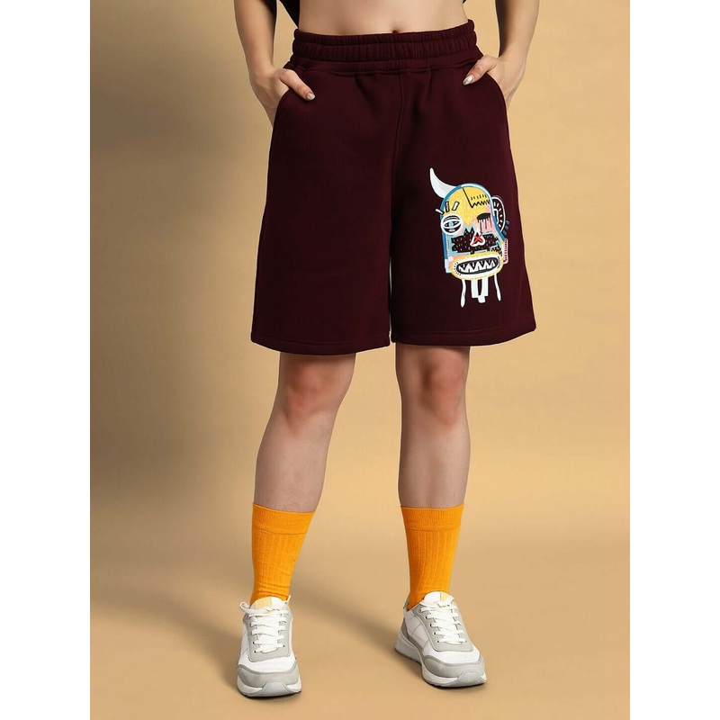 WOMEN JUMBLED FLEECE SHORTS WINE XS