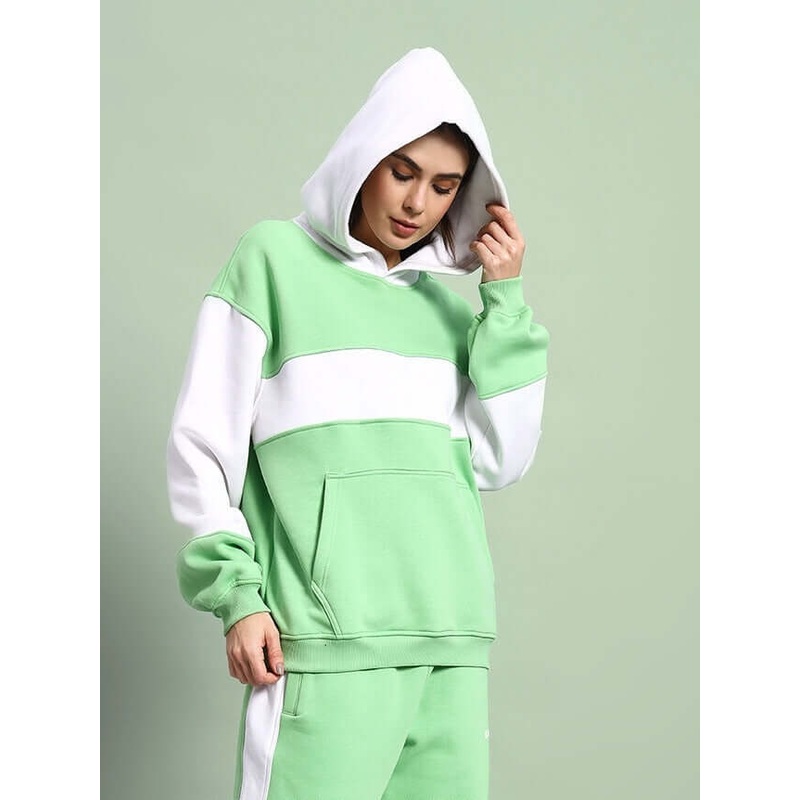 WOMEN MINTED BLISS FLEECE COLORBLOCK HOODIE GREEN WHITE XS