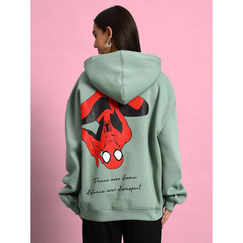 WOMEN SPIDERMAN OVERSIZED FLEECE HOODIE JADE GREEN XS