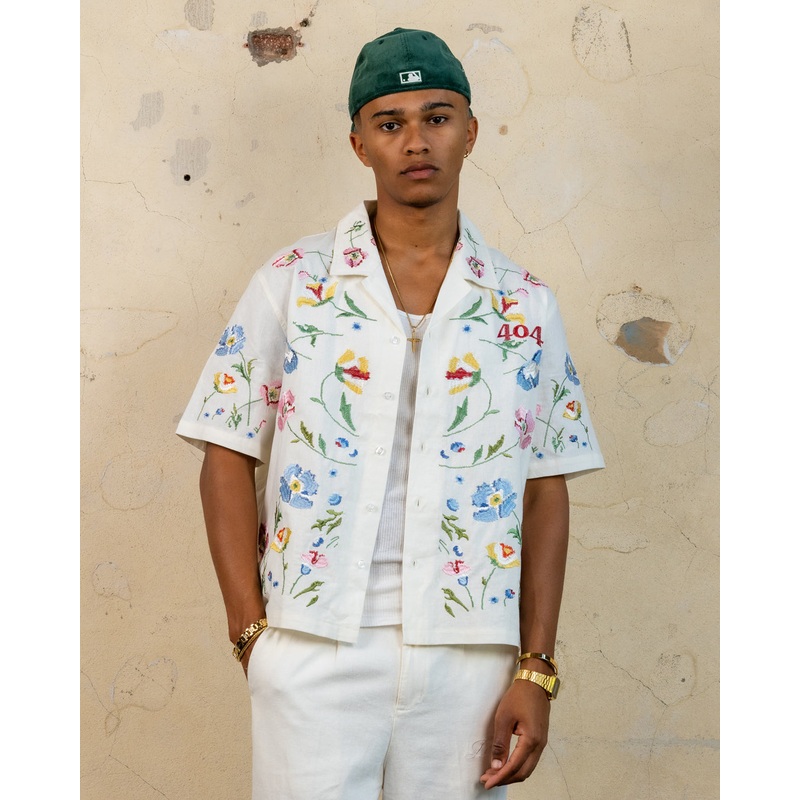 404 Midsommar Embroidered Button Up T-Shirt Ecru XS