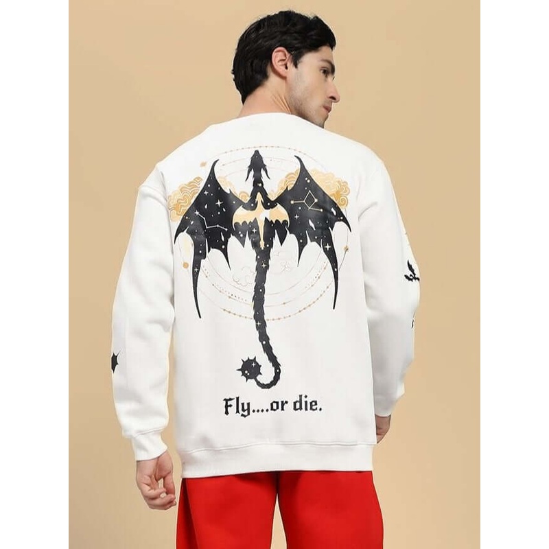 FLY OR DIE DRAGON PRINT FLEECE SWEATSHIRT OFF WHITE XS