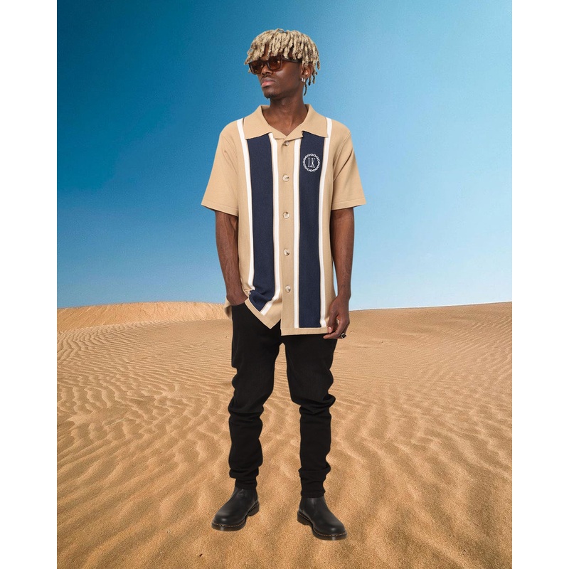 Last Kings Chain Stripe Knit Button Up Sand/Navy S