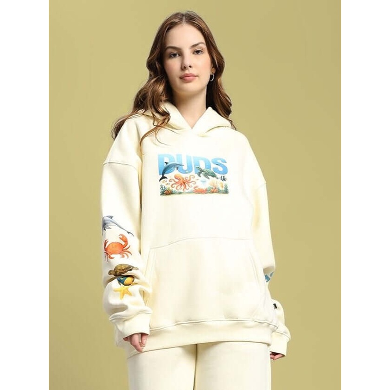 WOMEN OCEAN BUDDIES OVERSIZED FLEECE HOODIE OFF-WHITE XS