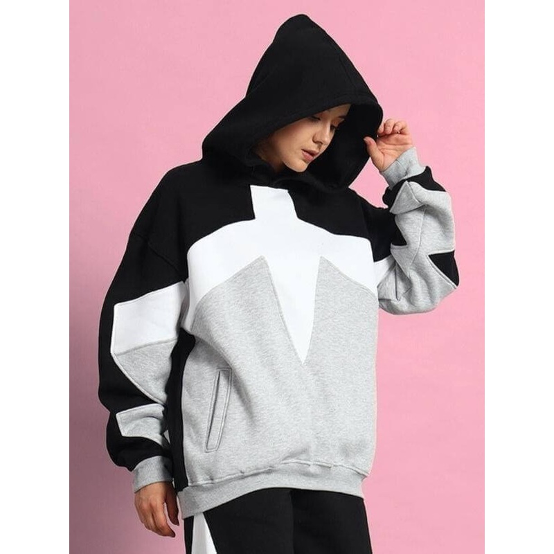 WOMEN WD SWORD FLEECE COLORBLOCK HOODIE BLACK GREY XS