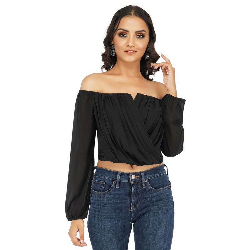 All Black Off Shoulder V-neck Top XS Black
