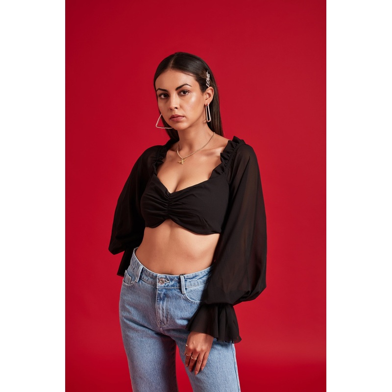 Black Balloon Sheer Sleeves Crop Top with Frills XS Black