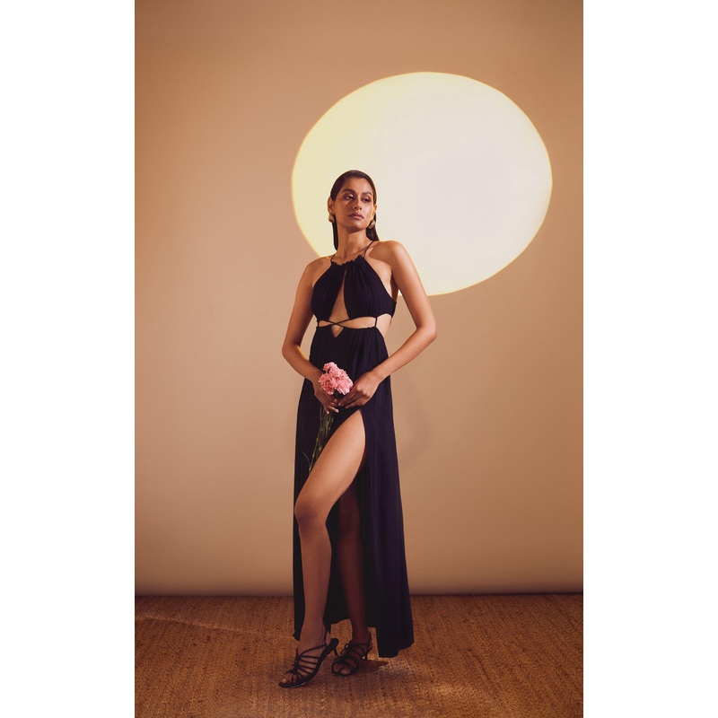 Black Halter Neck Drawstring Tie-Up Long Slit Dress XS Black