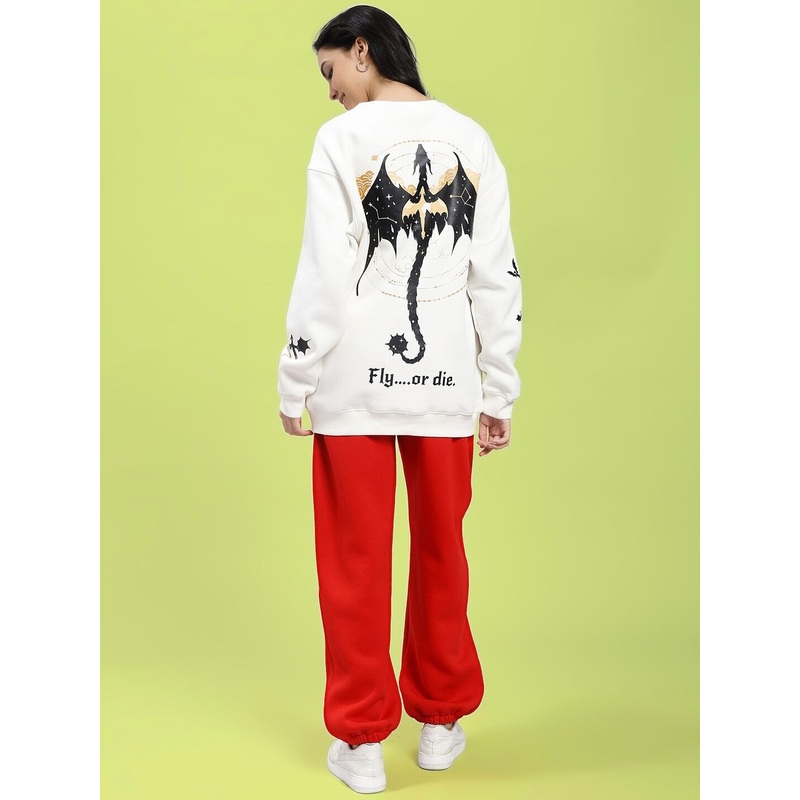 WOMEN FLY OR DIE DRAGON PRINT FLEECE COORD OFF WHITE RED XS