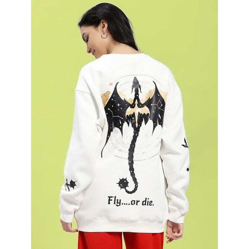 WOMEN FLY OR DIE DRAGON PRINT FLEECE SWEATSHIRT OFF WHITE XS