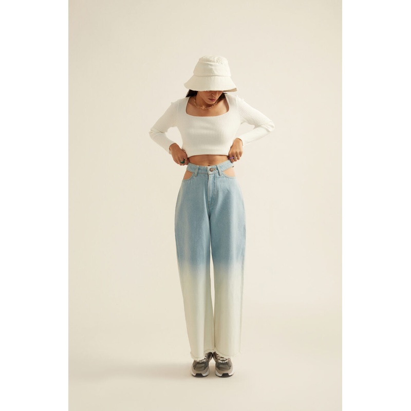 Blue White Ombre Denim Jeans with Pocket Cut-outs 24 Blue
