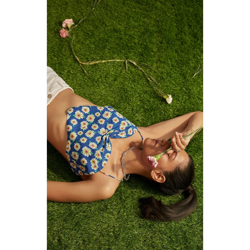 Front Ruched Floral Print Cami Top XS Blue