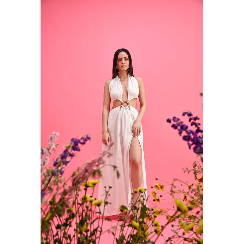 Halter Neck Maxi Dress with Wooden O-Ring XXS White