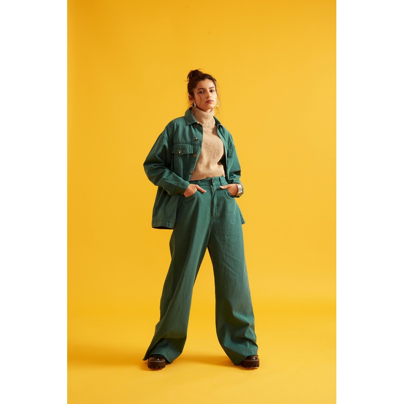 High Rise Flared Twill Pants for Women 24 Green