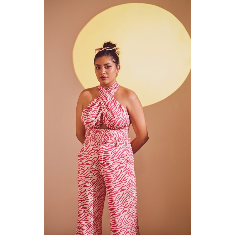 Pink Abstract Print Cross Wrap Halter Top XS Pink