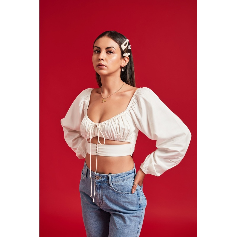 White Full Sleeves Hook & Eye Top XS White