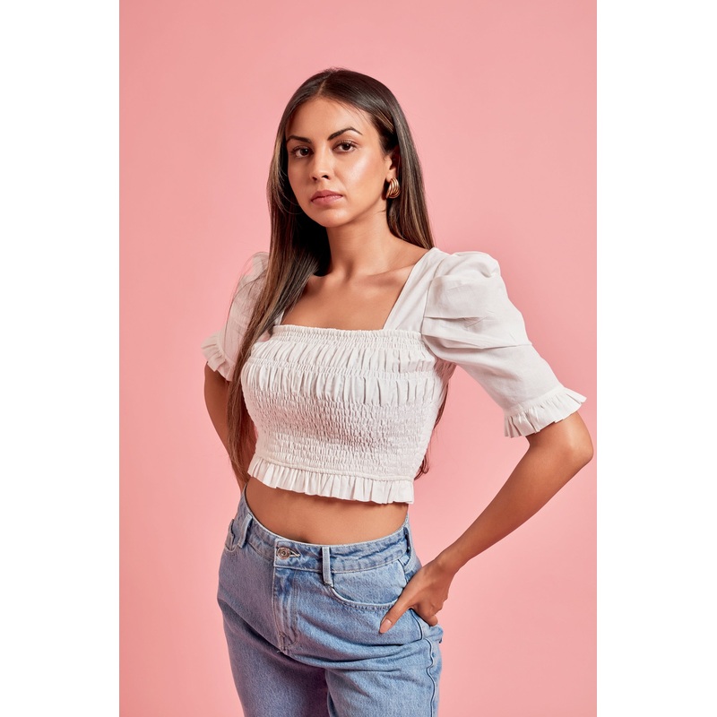 White Short Puff Sleeve Crop Top XS White