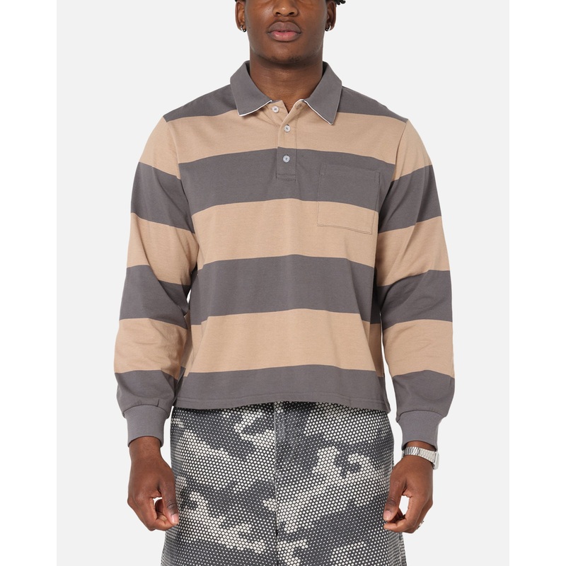 XXIII Rugby Long Sleeve Polo T-Shirt Charcoal/Tan S