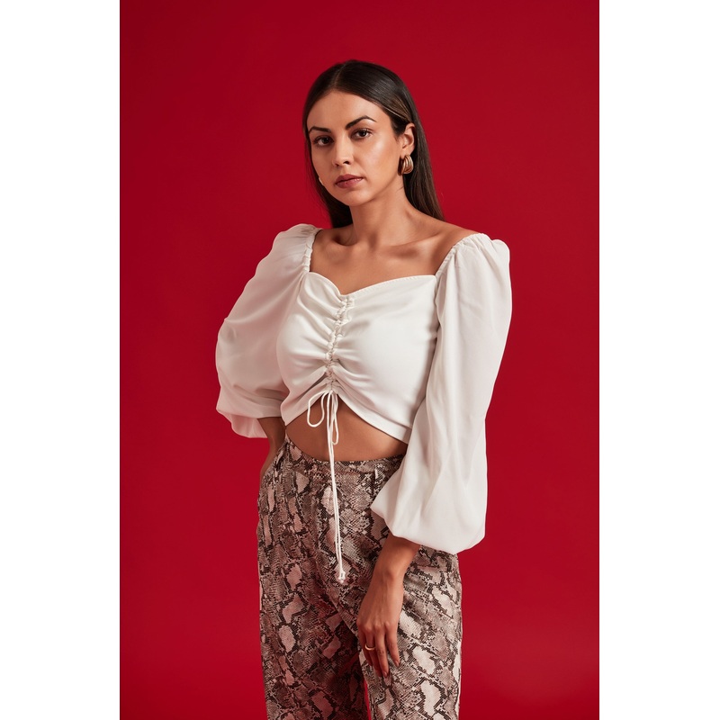 Long Sleeve Front Rushed Tunnel Top XS White