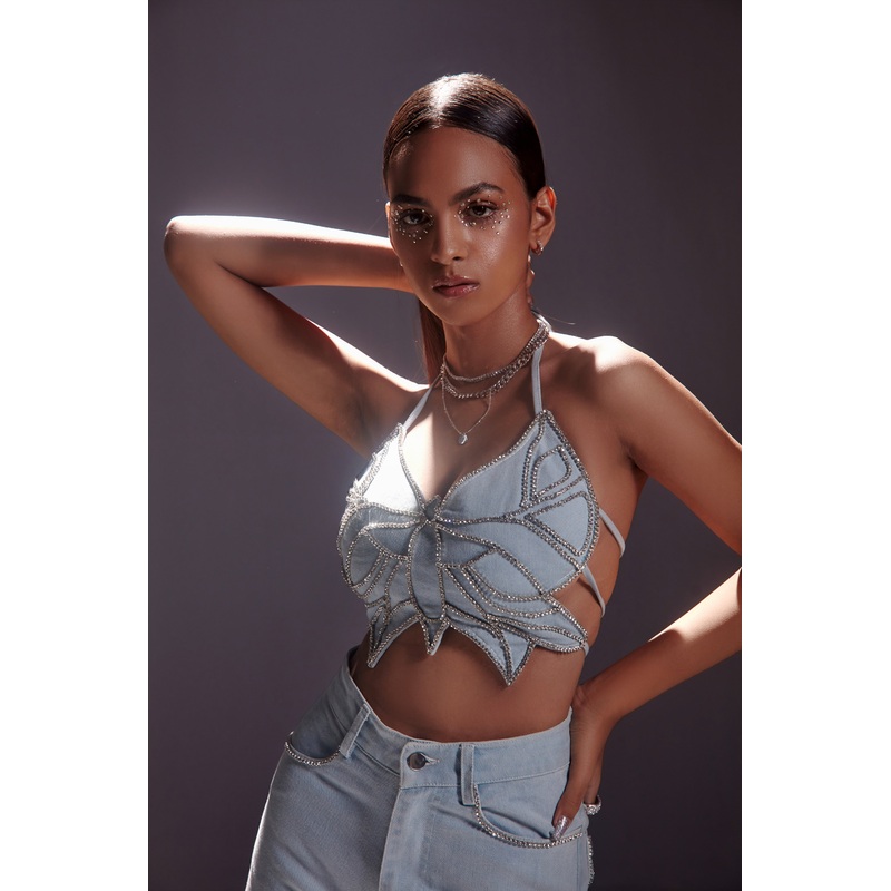 Rhinestone Embellished Butterfly Top XS Blue
