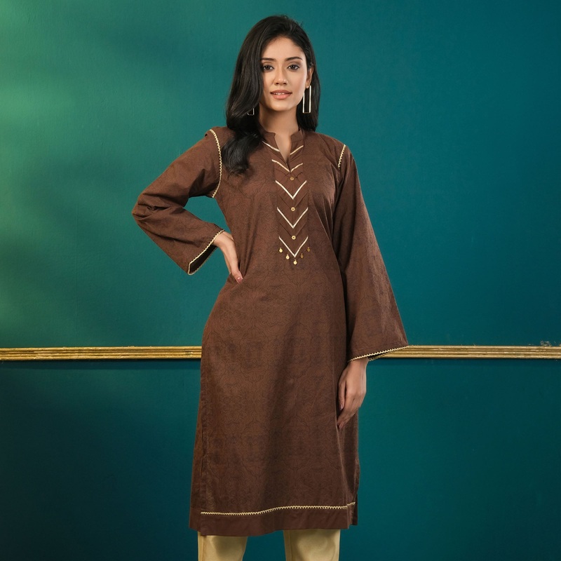 Women Brown Cotton Kurti 2XL BROWN