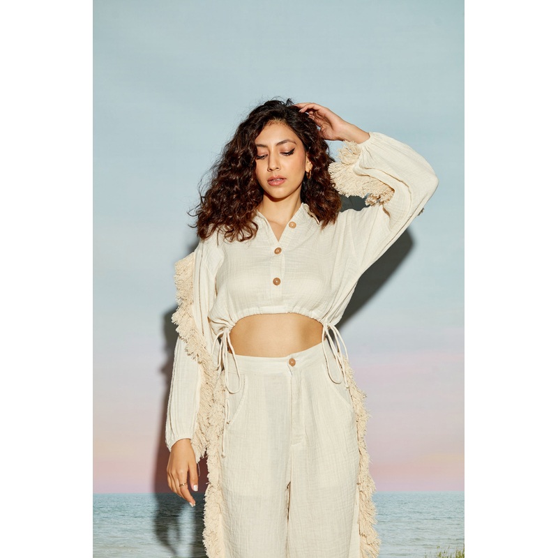 Balloon Sleeve Crop Shirt with Fringe Lace XS Beige