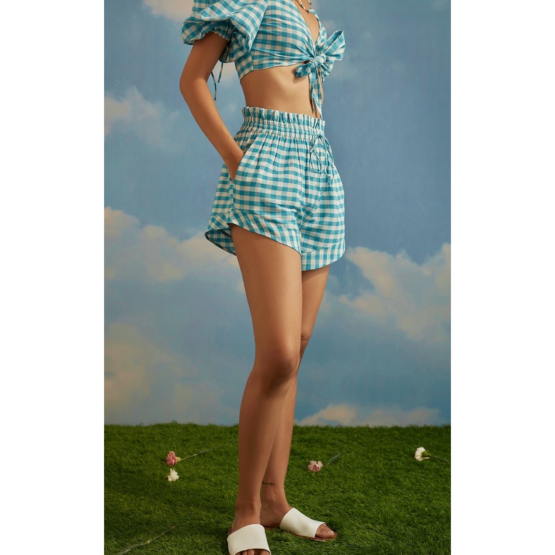 Blue Checkered Paperbag Waist Shorts 24 Blue