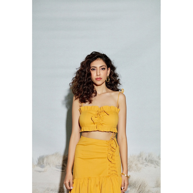 Front Tie Crop Top with Frill Detail XS Yellow