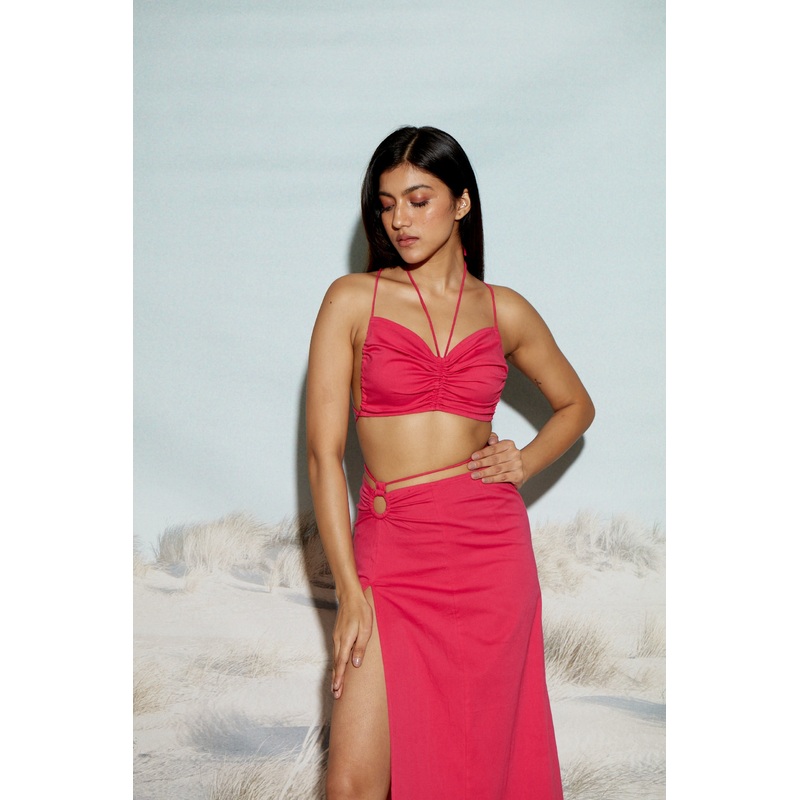 Gathered Crop Top with Drawstring Detail XS Pink