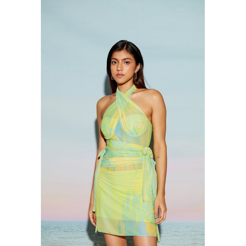 Green Halter Neck Mesh Bandage Dress XS Green