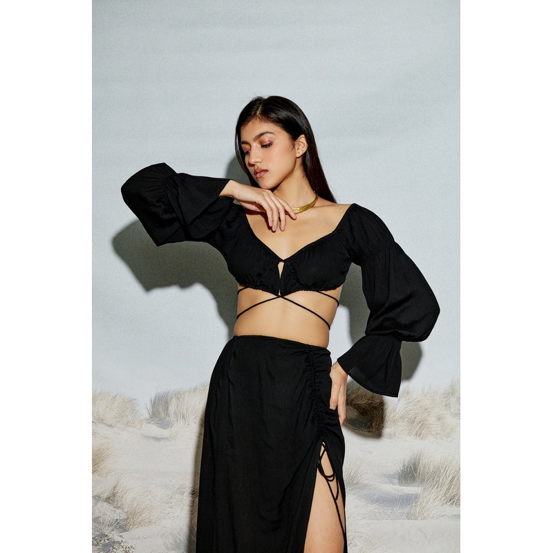 Off Shoulder Crop Top with Crossover Drawstring Detail XS Black