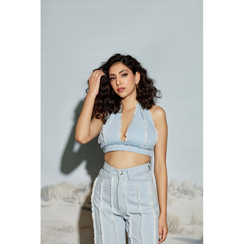 Paneled Halter Neck Denim Top XS Blue