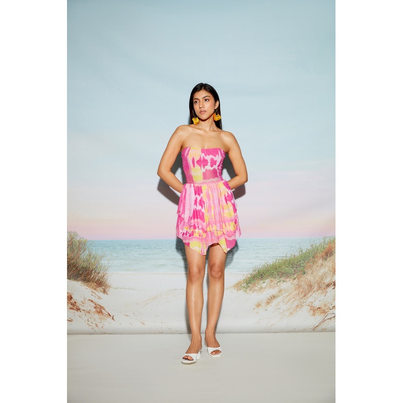 Pink Tiered Mini Dress with Back Tie Up XS Pink