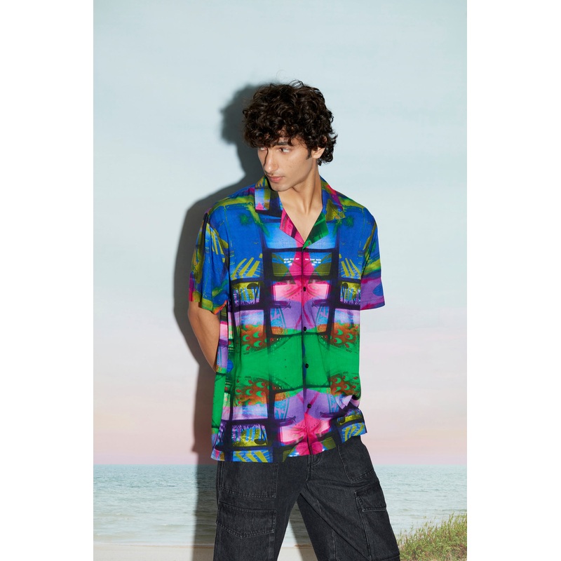 TV Screens Abstract Print Mens Resort Shirt XS Green