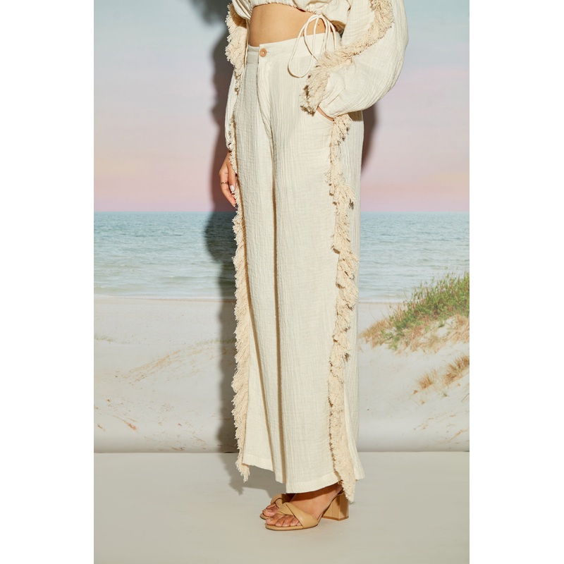 Wide Leg Side Slit Pants with Fringe Lace 24 Beige
