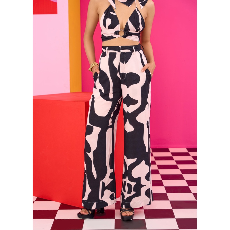 Emily in Paris: Abstract Print Wide Leg Trousers 24 Black