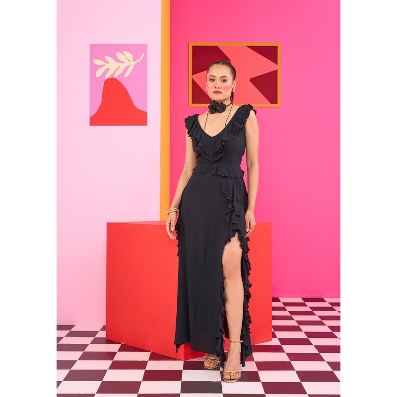 Emily in Paris: Black Ruffled High-Slit Maxi Dress XS Black