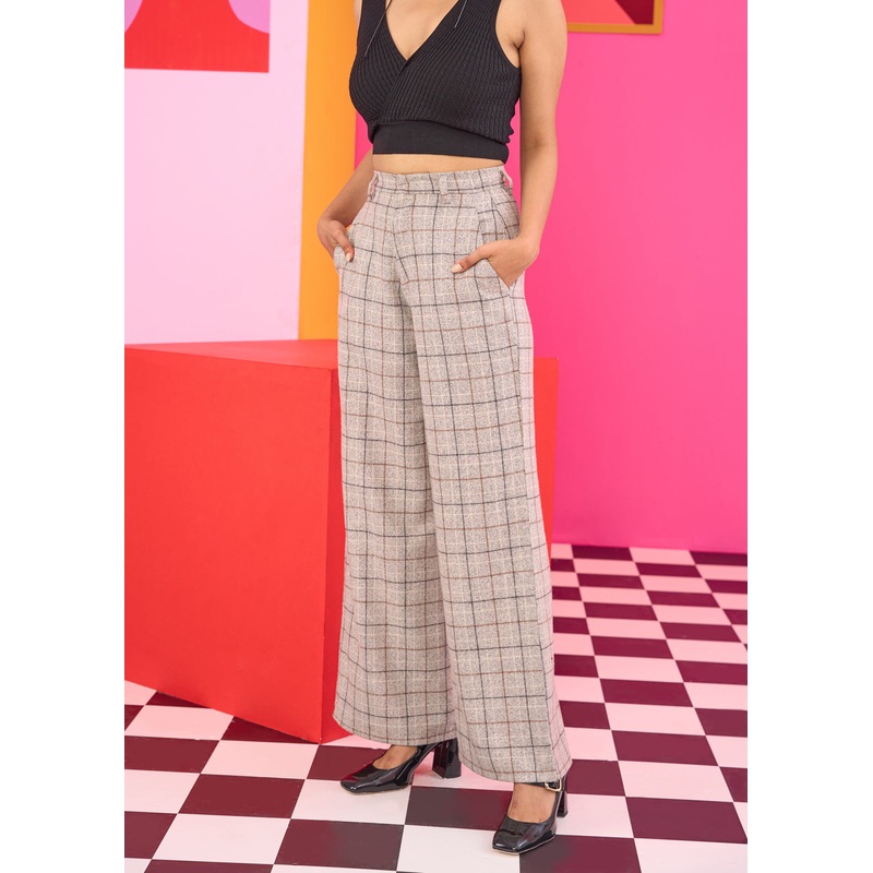Emily in Paris: Plaid Wide Leg Trousers 24 Beige