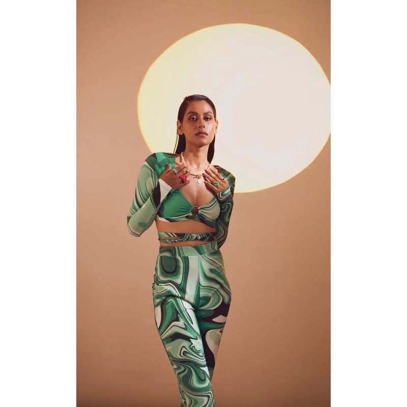 Green Swirl Print Full Sleeves Bodycon Top With O Ring XS Green