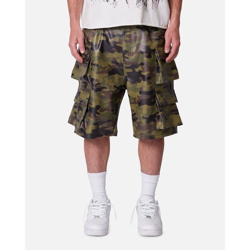 MNML Baggy Vegan Leather Cargo Shorts Camo 28