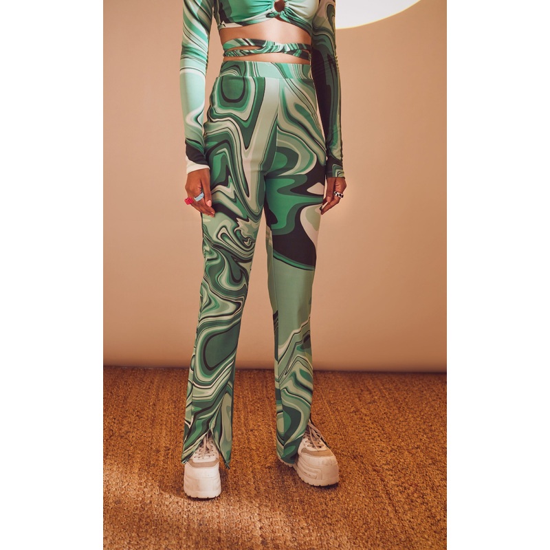 Swirl Print High-Waisted Front Slit Pants 24 Green