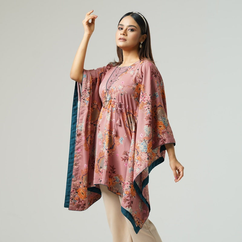 Womens Digital Print Silk Kurti S PEACH PINK