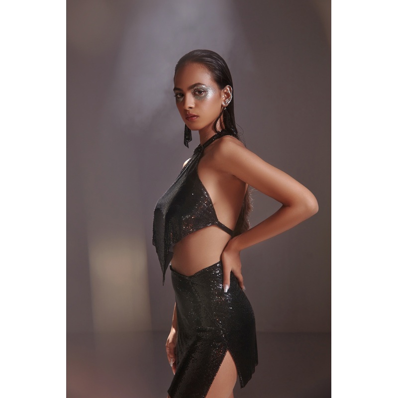 Black Metallic Chainmail Top and Mini Skirt Set XS/S XS/S Black