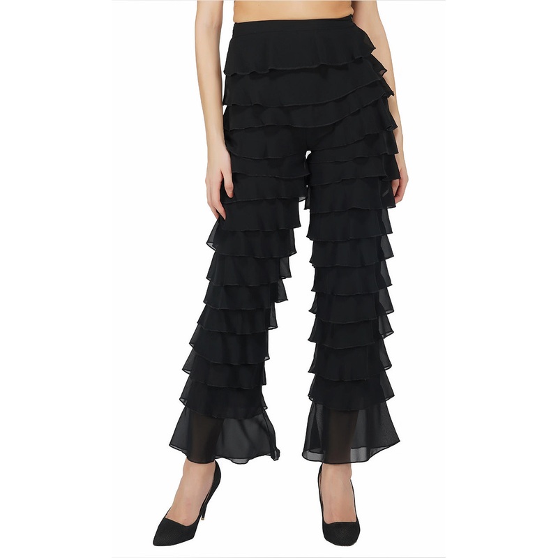 Black Ruffled Straight Legged Pants 24 Black