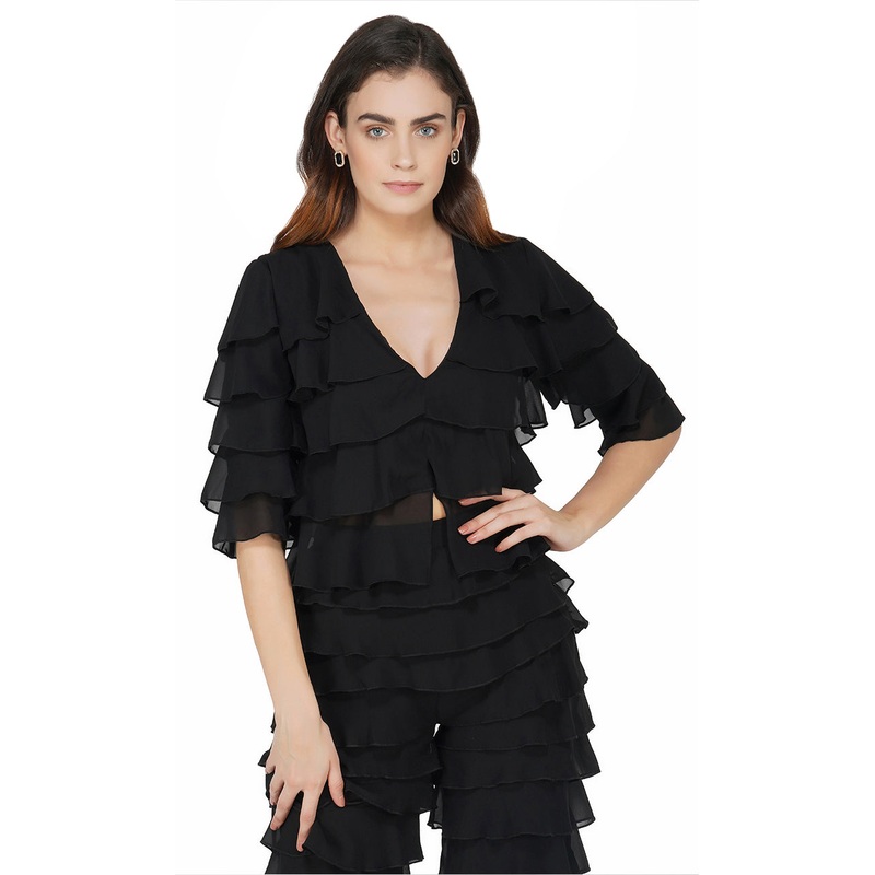 Black Ruffled V-neck Top XS Black