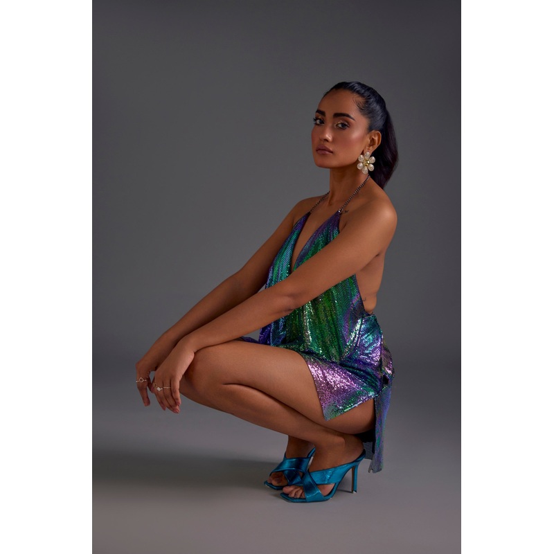 Dual-Tone Chainmail Cowl Top and Skirt Set XS/S XS/S Purple