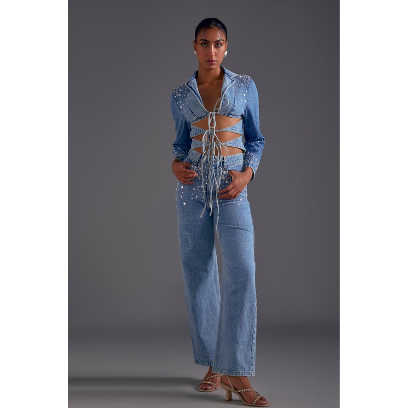 Embellished Cutout Blazer and Jeans Set XS 24 Blue