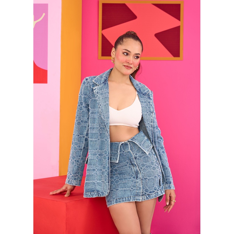 Emily in Paris: Distressed Plaid Denim Blazer and Skirt Set XS/S 24 Blue