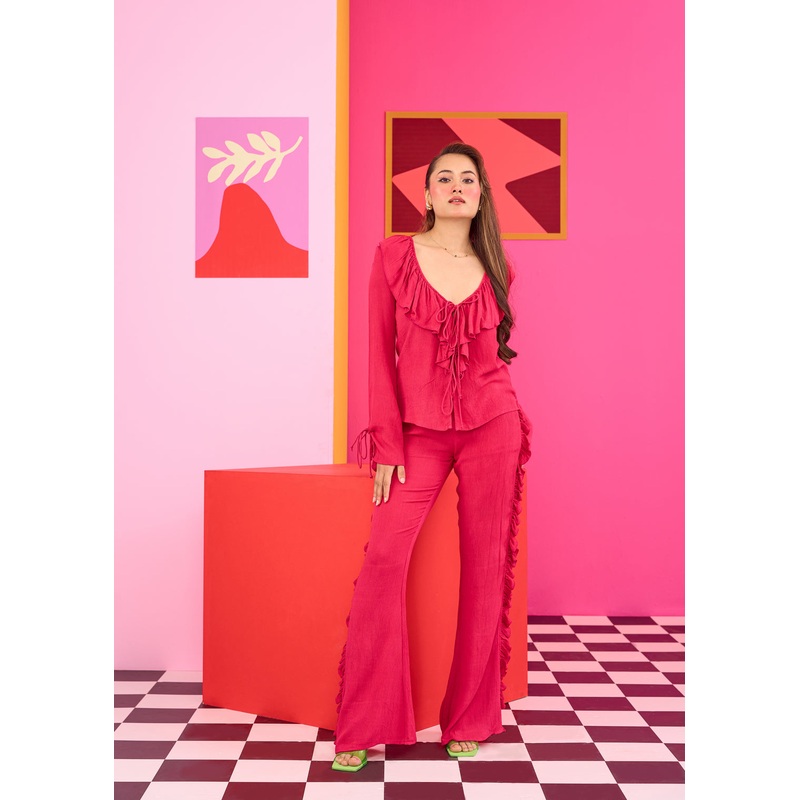 Emily in Paris: Frilled Top and Pant Set XS 24 Pink