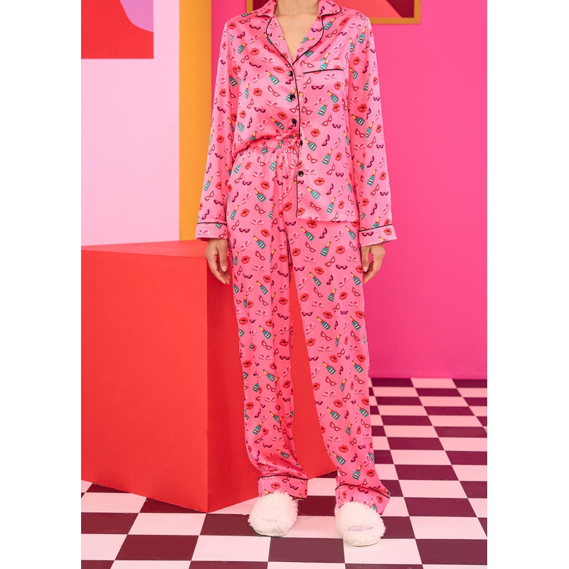 Emily in Paris: Printed Satin Pyjama Pants 24 Pink