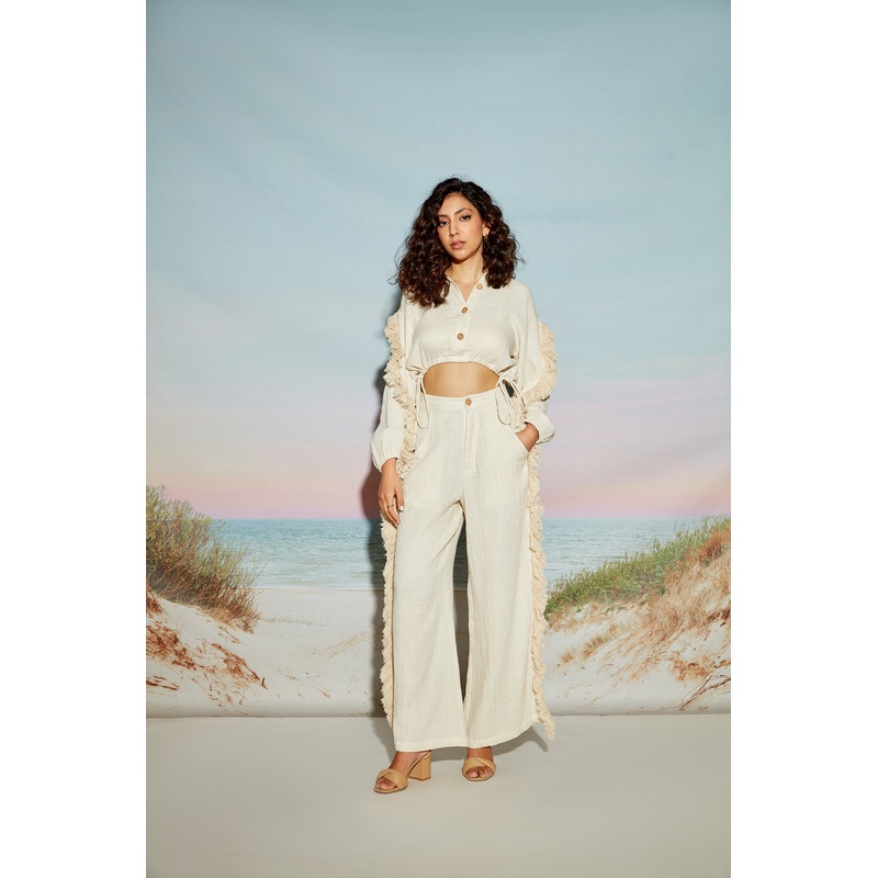 Fringe Lace Crop Shirt and Pant Set XS 24 Beige